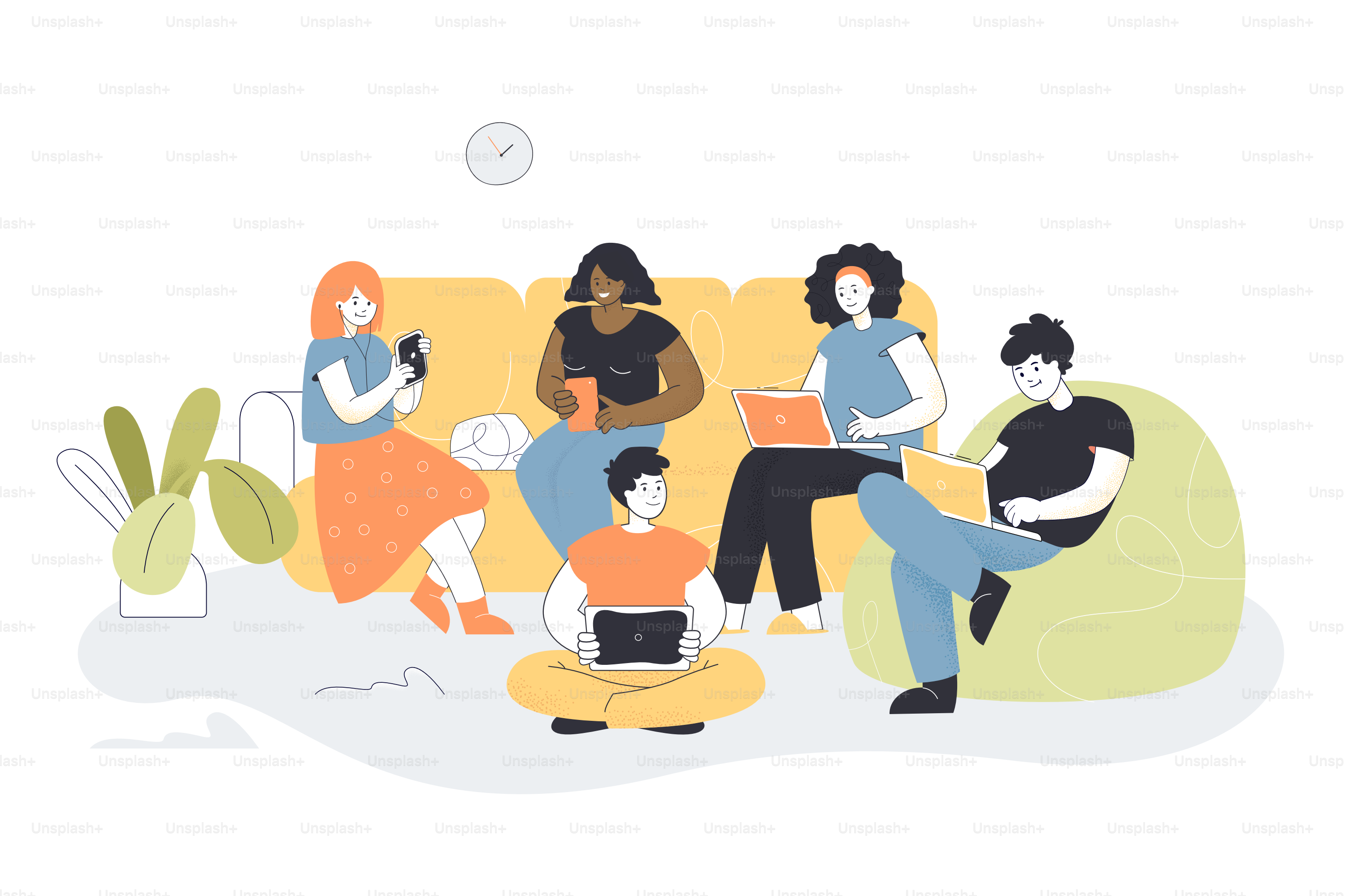 Männliche und weibliche Cartoonfiguren benutzen Laptops, Tablets, Smartphones. Digitale Gerätebenutzer verbringen Zeit miteinander und zeichnen flache Vektoren zusammen. Moderne Technologie, Internet-Surfen, Konzept des öffentlichen Zugangs