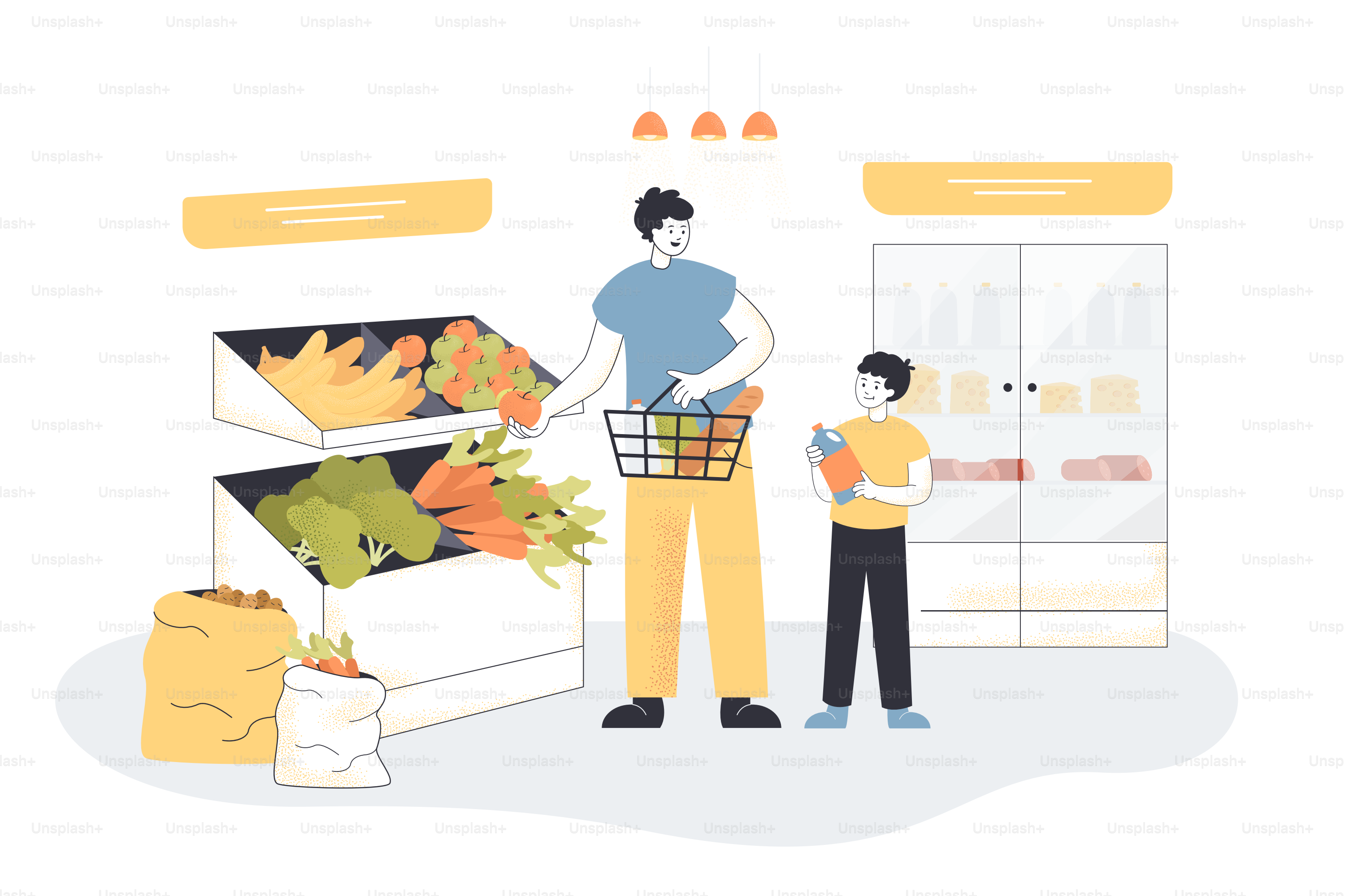 父と息子がスーパーで食べ物を買いに行く。親と子どもがスーパーマーケットのフラットベクターで果物、野菜、その他の商品を選ぶ様子。家族買い物、日々のルーティン、ライフスタイルのコンセプト