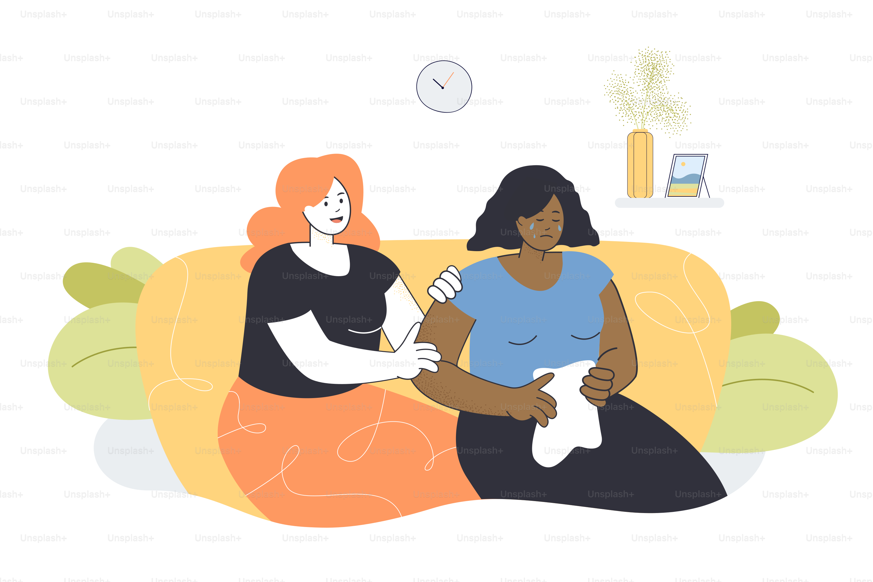 Woman giving comfort and support to depressed friend, keeping palms on her shoulder. Crying girl feeling anxiety and needing comfort flat vector illustration. Empathy, loneliness, compassion concept..