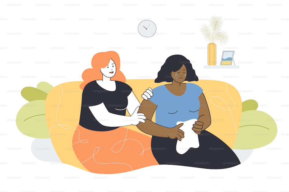 Woman giving comfort and support to depressed friend, keeping palms on her shoulder. Crying girl feeling anxiety and needing comfort flat vector illustration. Empathy, loneliness, compassion concept..