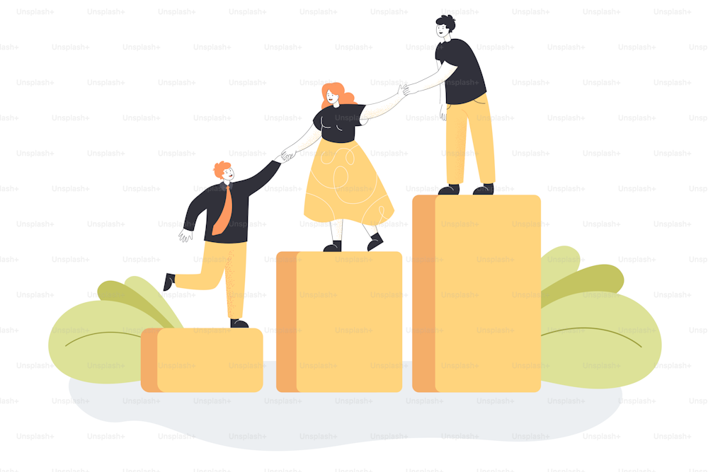 Employees giving hands and help to colleagues to walk upstairs. Mentor or leader and his team growing together flat vector illustration. Leadership, teamwork, mentorship, cooperation concept