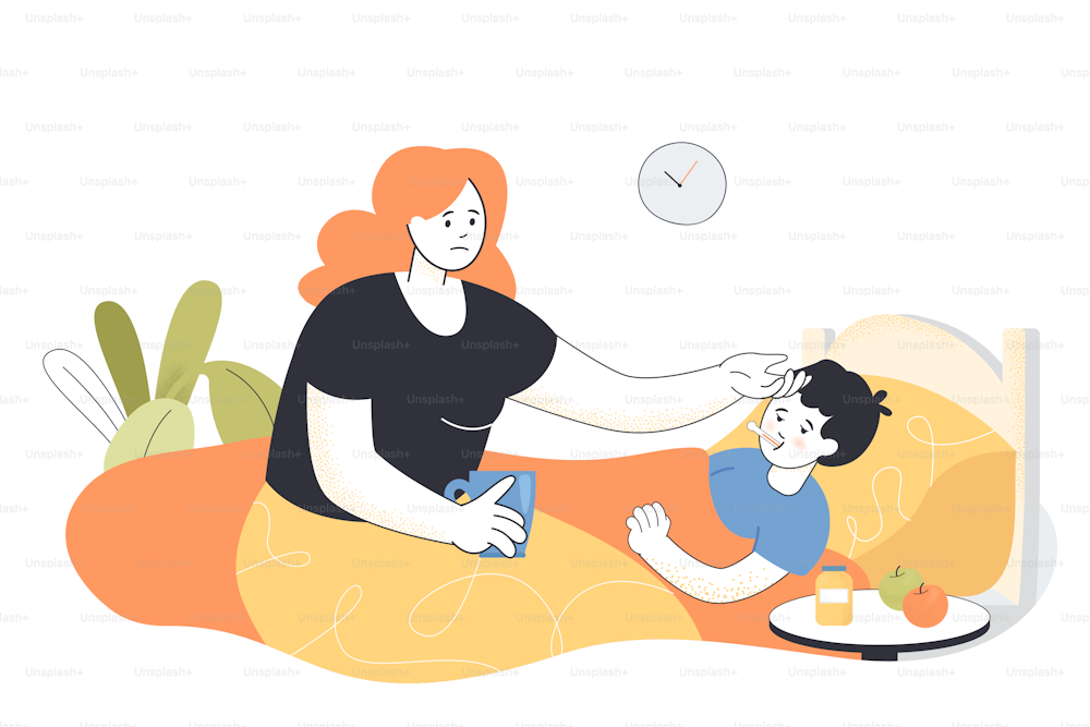 Cartoon mother taking care of child sick with flu or cold. Ill kid with fever and sore throat in bed flat vector illustration. Health, care, family concept for banner, website design or landing page