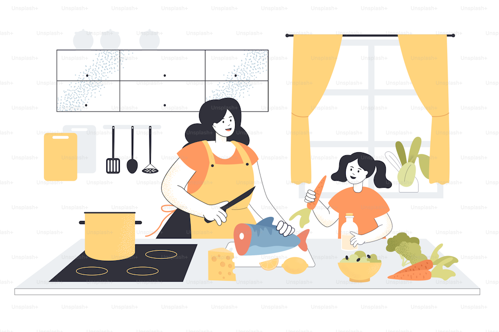 Young mother in apron and daughter baking fish with vegetables in kitchen. Cartoon mom and kid girl making healthy food at home together flat vector illustration. Family time, household concept