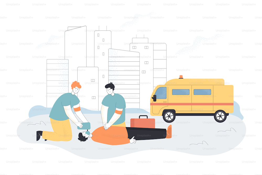 Team of emergency doctors doing cardiopulmonary resuscitation of unconscious man in accident. CPR assistance to critical patient flat vector illustration. First aid, resuscitation training concept