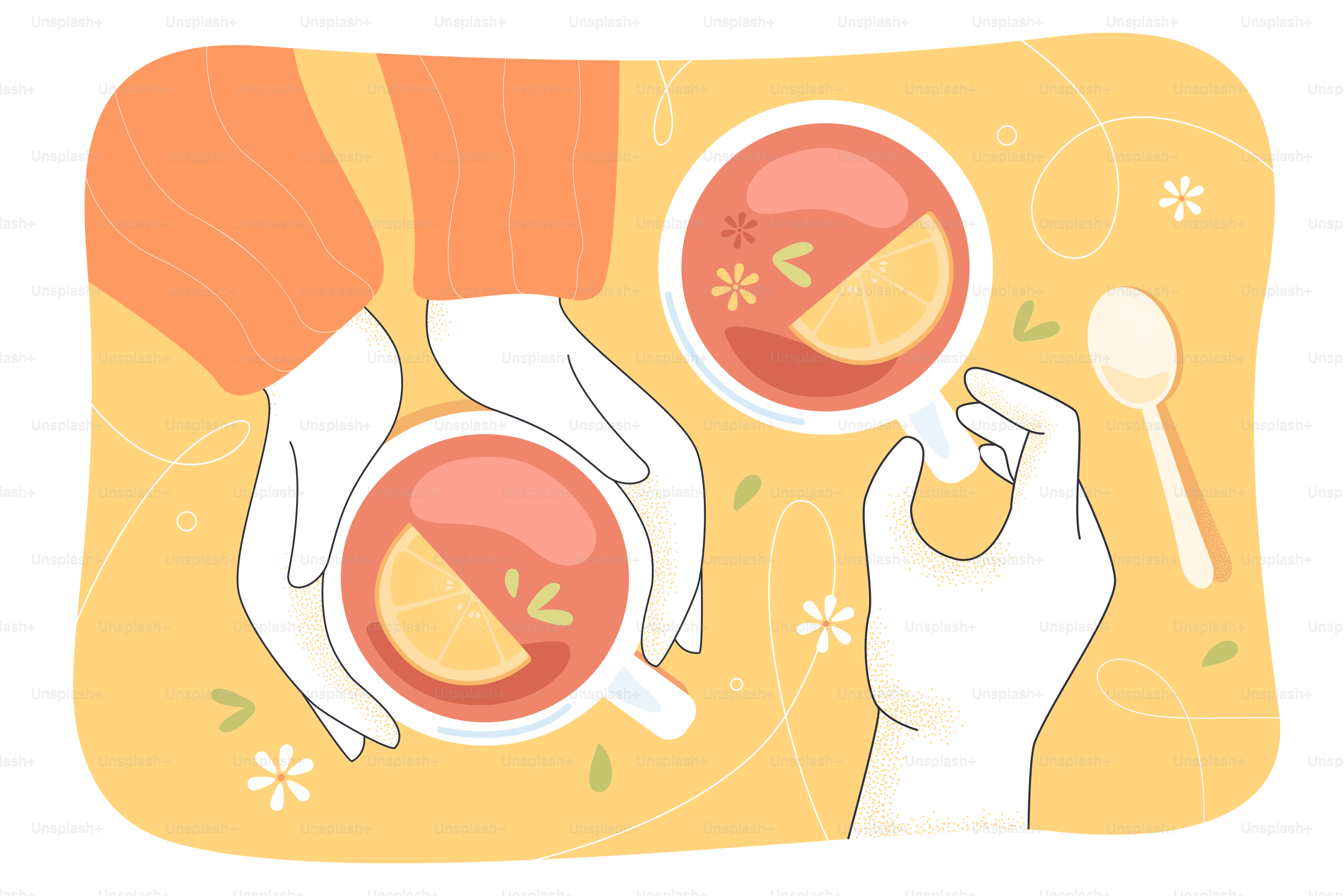 Top view of cups with herbal tea in hands on yellow cafe table background. People having morning drink with lemon flat vector illustration. Cafeteria, healthy food, lifestyle concept