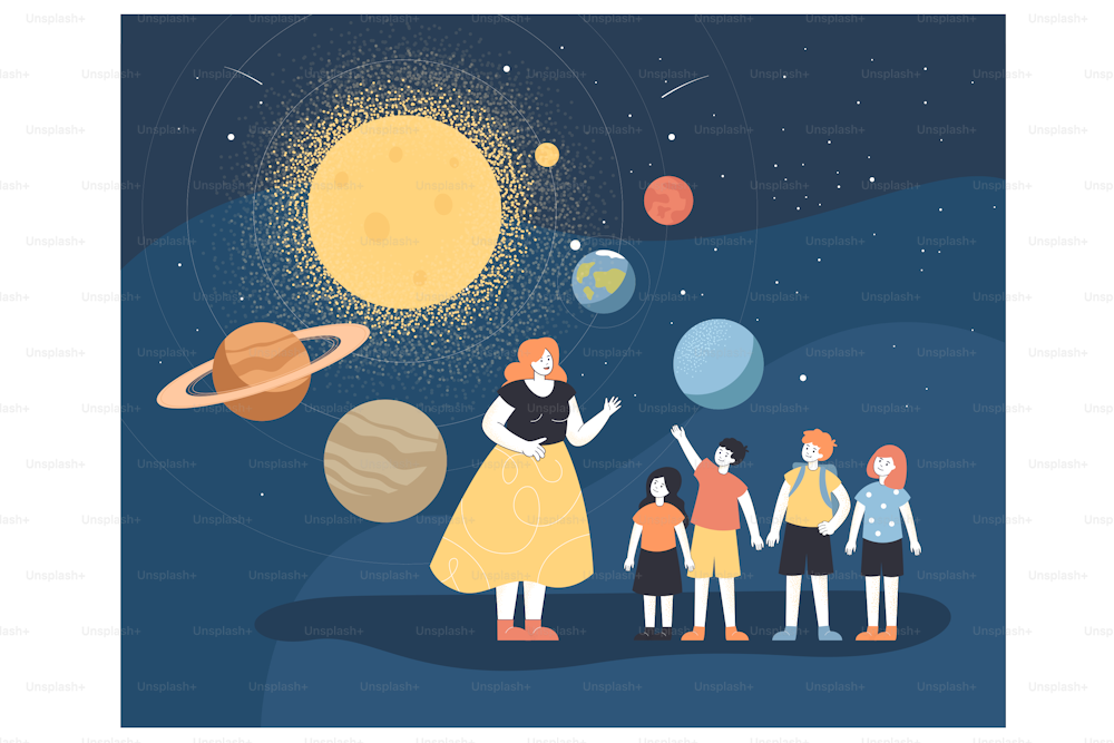 Professeur d’école et enfants étudiant l’astronomie au planétarium. Femme et enfants debout près d’une carte hologramme avec des planètes du système solaire illustration vectorielle plate. Voyage éducatif, concept scientifique