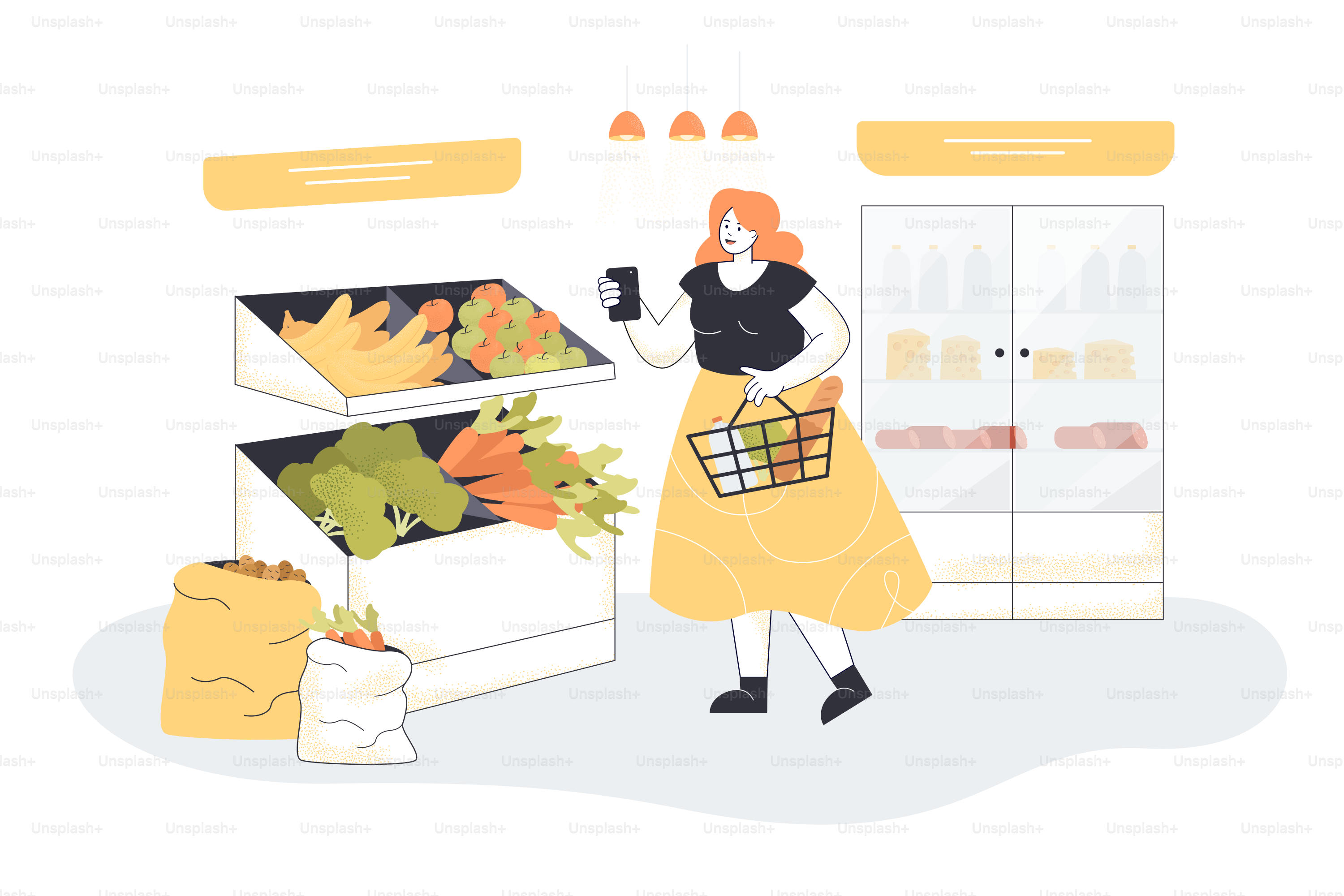 Mujer divertida con cesta de la compra eligiendo frutas y verduras en las estanterías del supermercado. Cliente que compra buena comida en una tienda o supermercado, ilustración vectorial plana. Concepto de nutrición y de ir a la tienda
