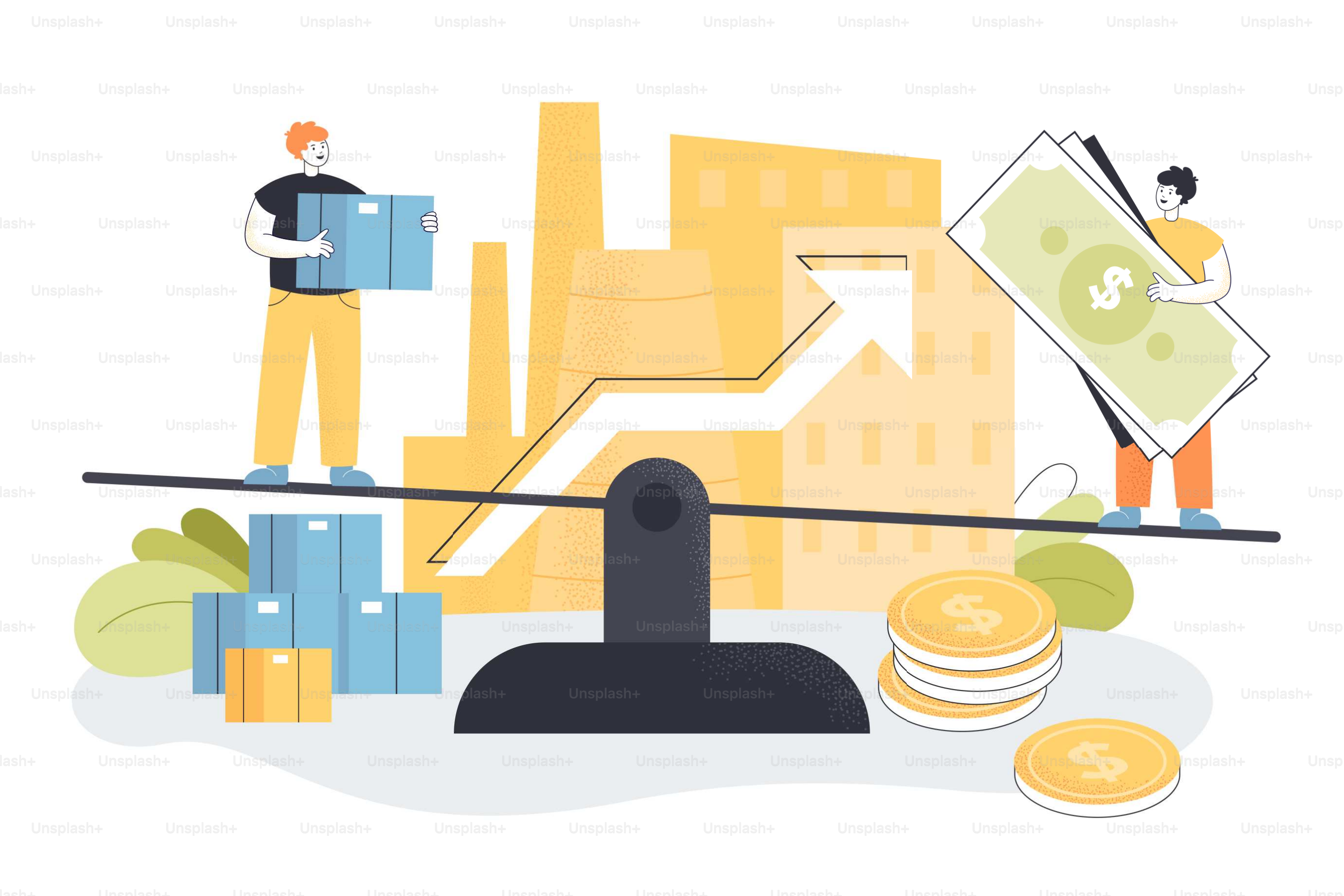 Investitori aziendali che bilanciano su bilancia, raggiungendo la crescita dei profitti. Piccole persone che investono denaro nella produzione locale di fabbriche e illustrazione vettoriale piatta. Equilibrio finanziario dinamico del concetto di microeconomia