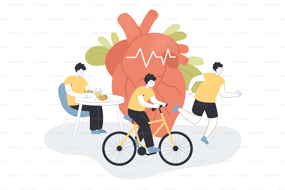 Poster of man eating healthy food, riding bike and doing sports. Human heart in background flat vector illustration. Healthy lifestyle, medicine, diet, health concept for banner or landing web page