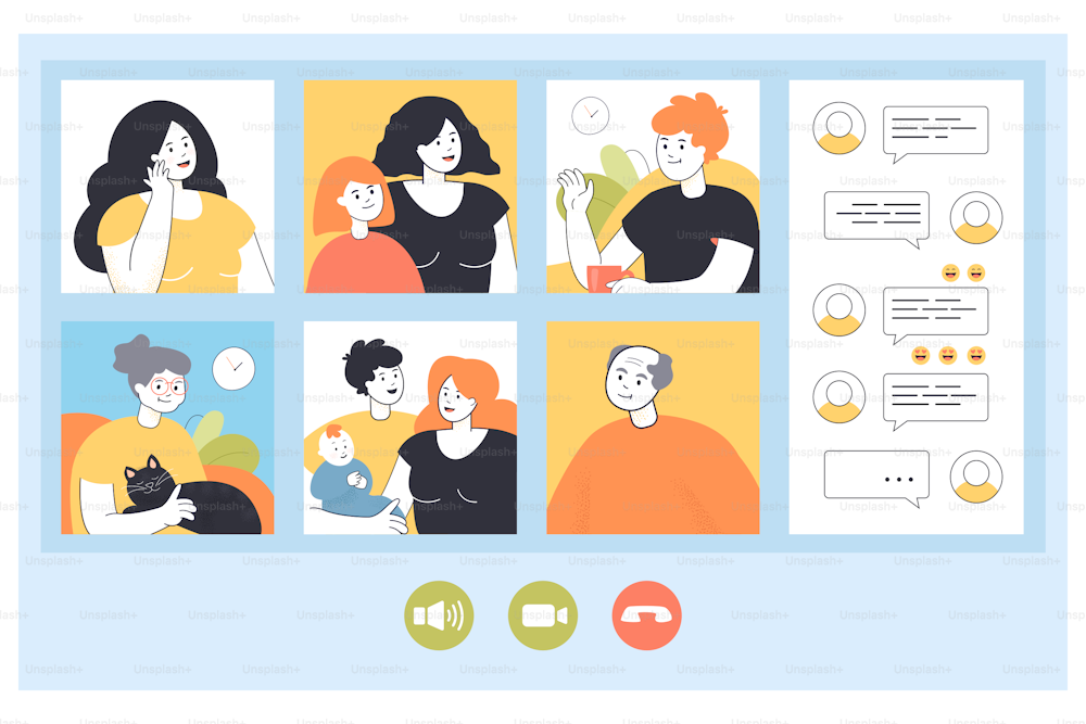 Big family having video call from home over phone or computer. Parents with kids, woman with child, elderly people flat vector illustration. Family, quarantine, communication concept for banner