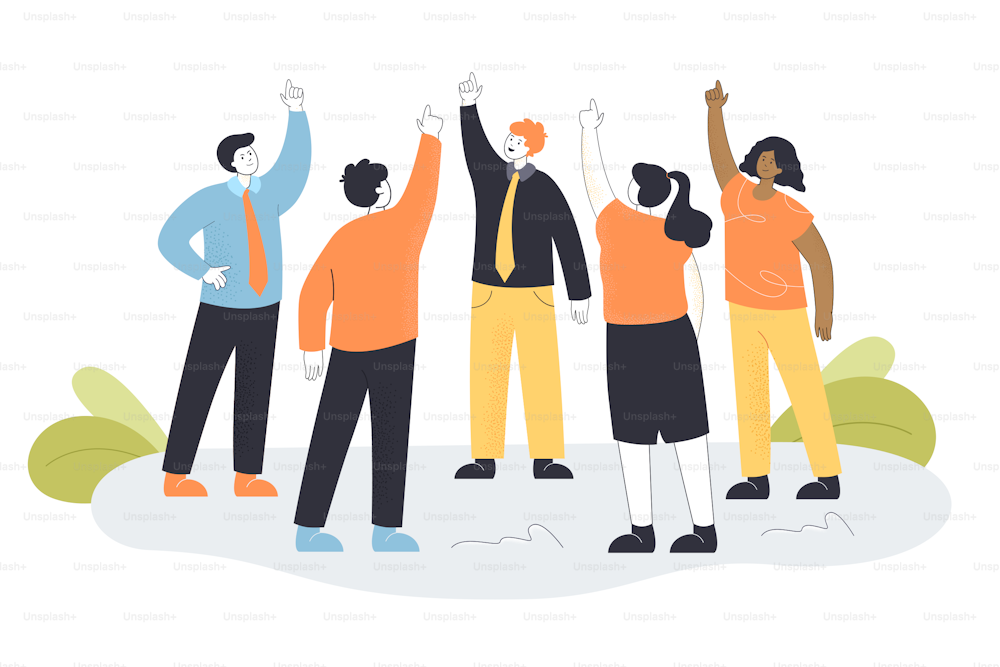 Team of workers standing in circle and rearing fingers up. Flat vector illustration. Business group striving for success, achievement of set goals. Business, teamwork, motivation, management concept