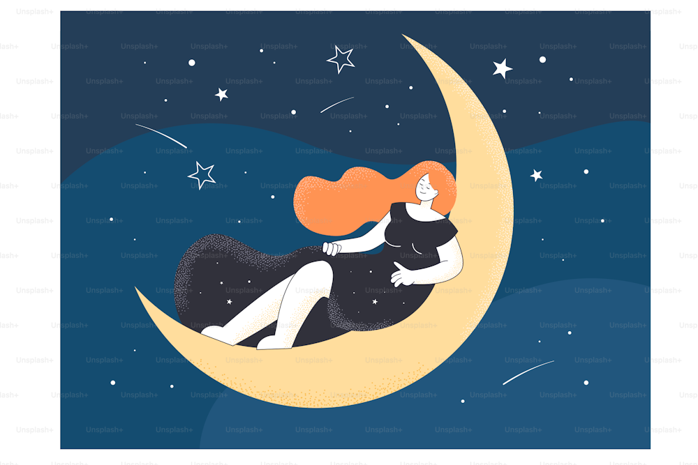 Dibujo de una persona femenina durmiendo en la luna por la noche. Chica tranquila relajándose, REM o sueño profundo, buena ilustración vectorial plana de ensueño. Relajación, concepto de banner, diseño de sitios web o página de destino