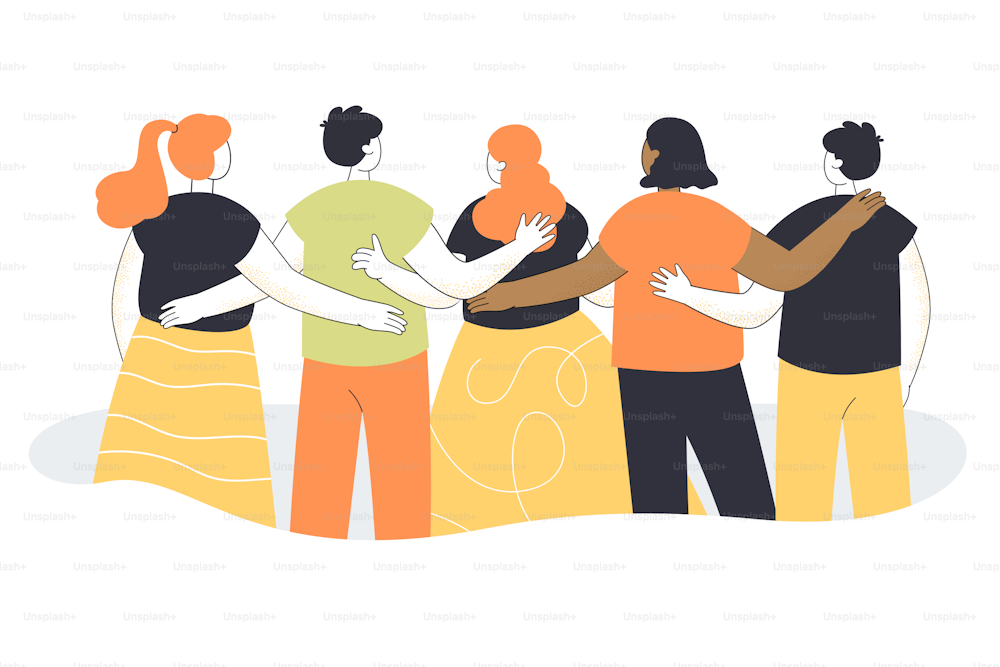 Back view of team of cartoon men and women hugging. Crowd of people from behind, friends, community flat vector illustration. Communication, teamwork, diversity concept for banner, website design