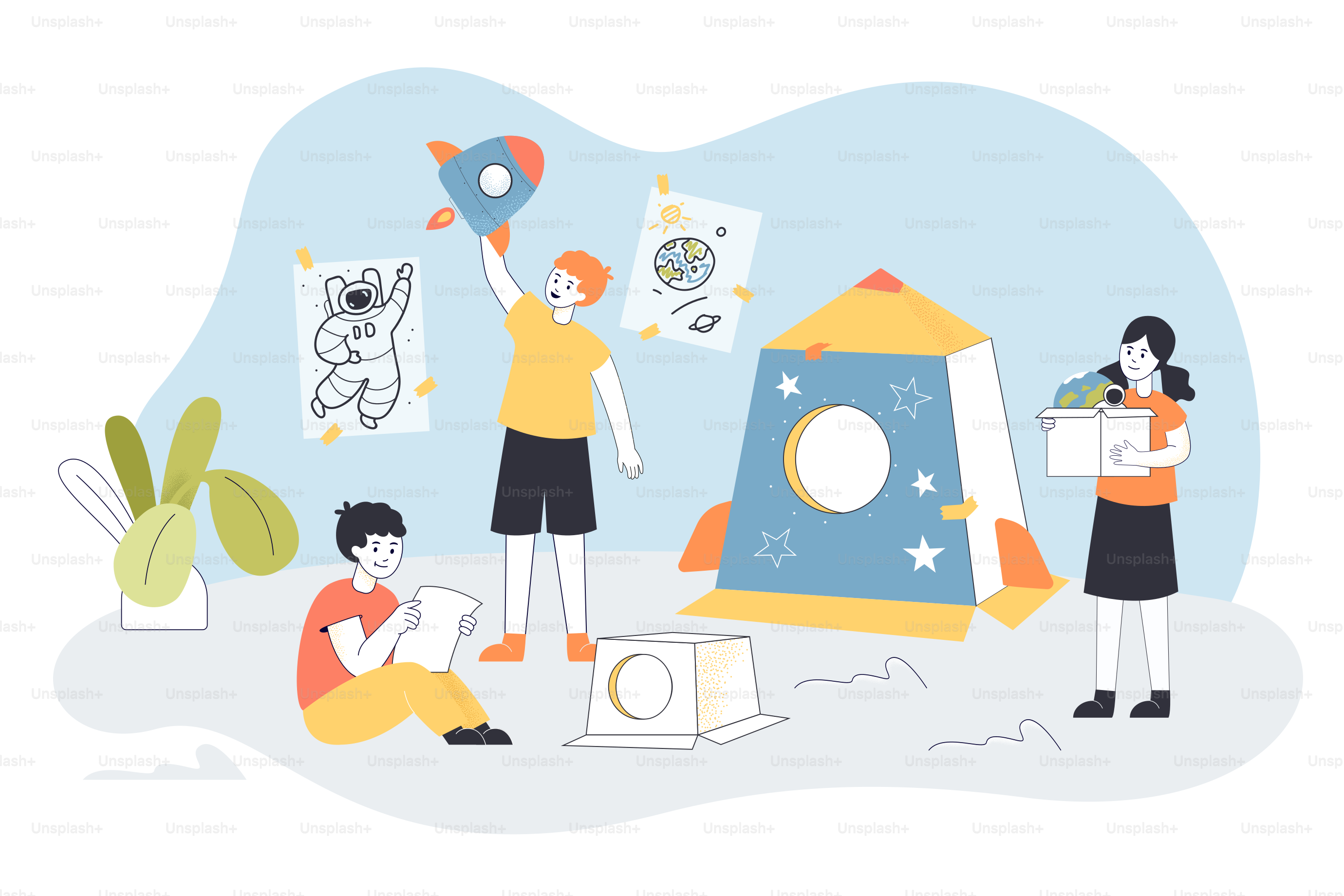 Children playing games with space theme. Flat vector illustration. Kids fantasizing about rocket, spaceship, playing astronauts, collecting crafts from cardboard. Space, childhood, creativity concept