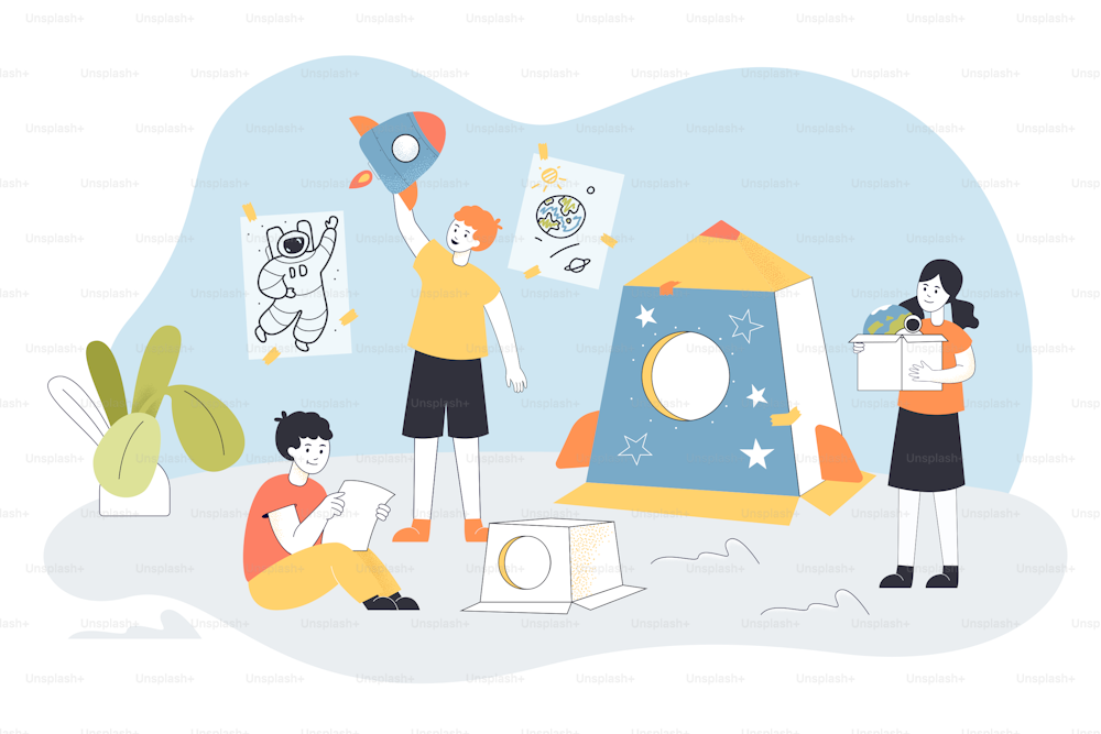 Children playing games with space theme. Flat vector illustration. Kids fantasizing about rocket, spaceship, playing astronauts, collecting crafts from cardboard. Space, childhood, creativity concept