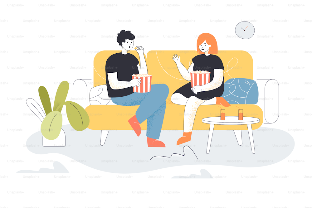 Young family couple watching TV together. Flat vector illustration. Man and woman sitting on couch together, eating popcorn, watching movie in evening time. Comfort, family, house, love concept