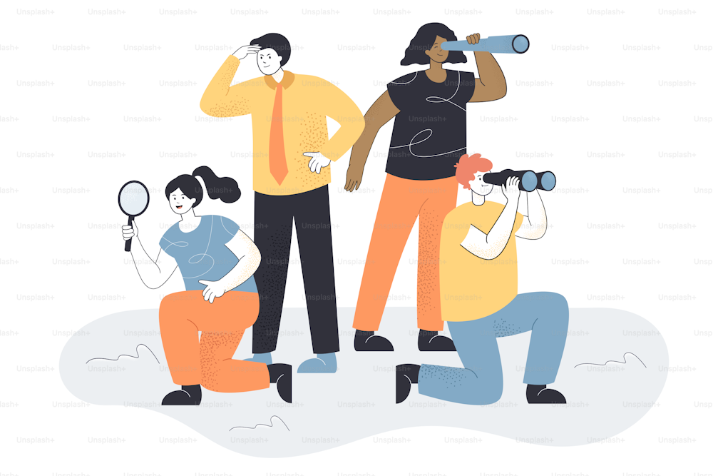 Business team looking for new people. Allegory for searching ideas or staff, woman with magnifier, man with spyglass flat vector illustration. HR, development concept for banner, website design