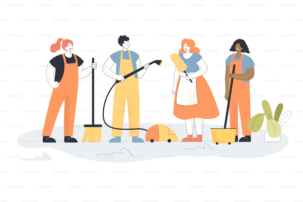 Team of cleaning staff in apartment. People in uniform, man with vacuum, woman with broom flat vector illustration. Cleaning company or service concept for banner, website design or landing web page