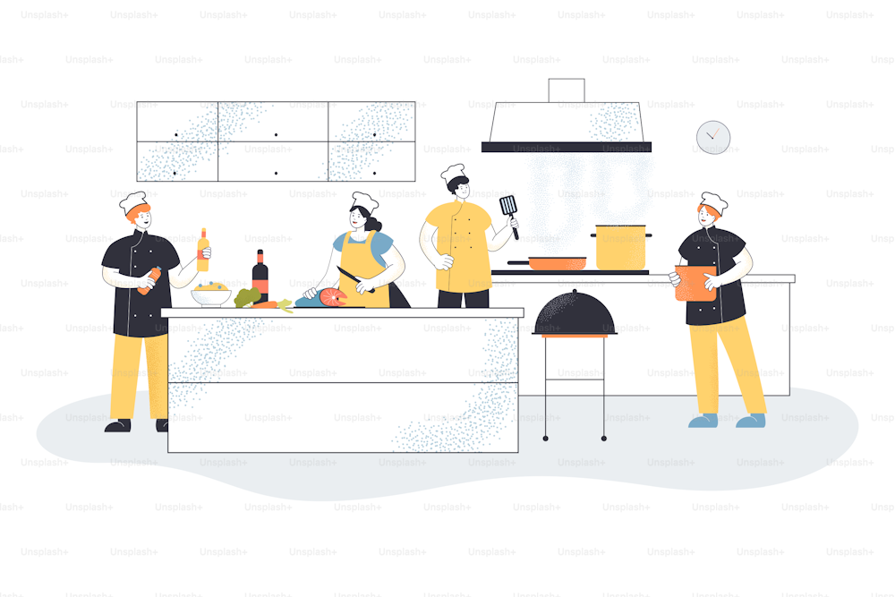 Professional chefs cooking in commercial kitchen. Cooks using stove and equipment, interior flat vector illustration. Cafe, restaurant, food industry concept for banner, website design or landing page