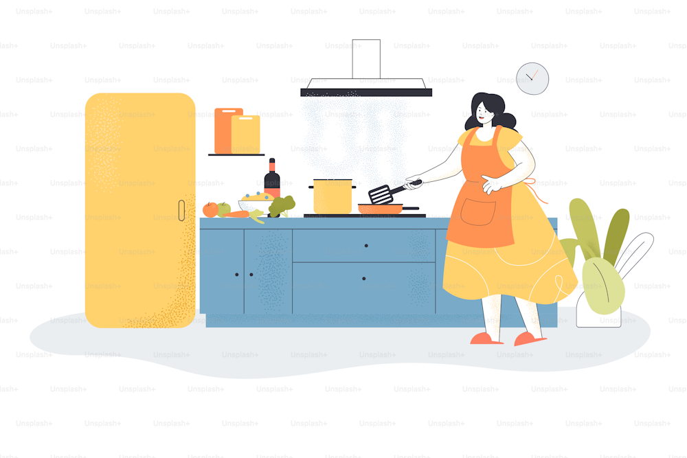 Woman cooking meals in kitchen. Female character preparing food using stove, kitchen interior flat vector illustration. Cooking, lifestyle concept for banner, website design or landing web page
