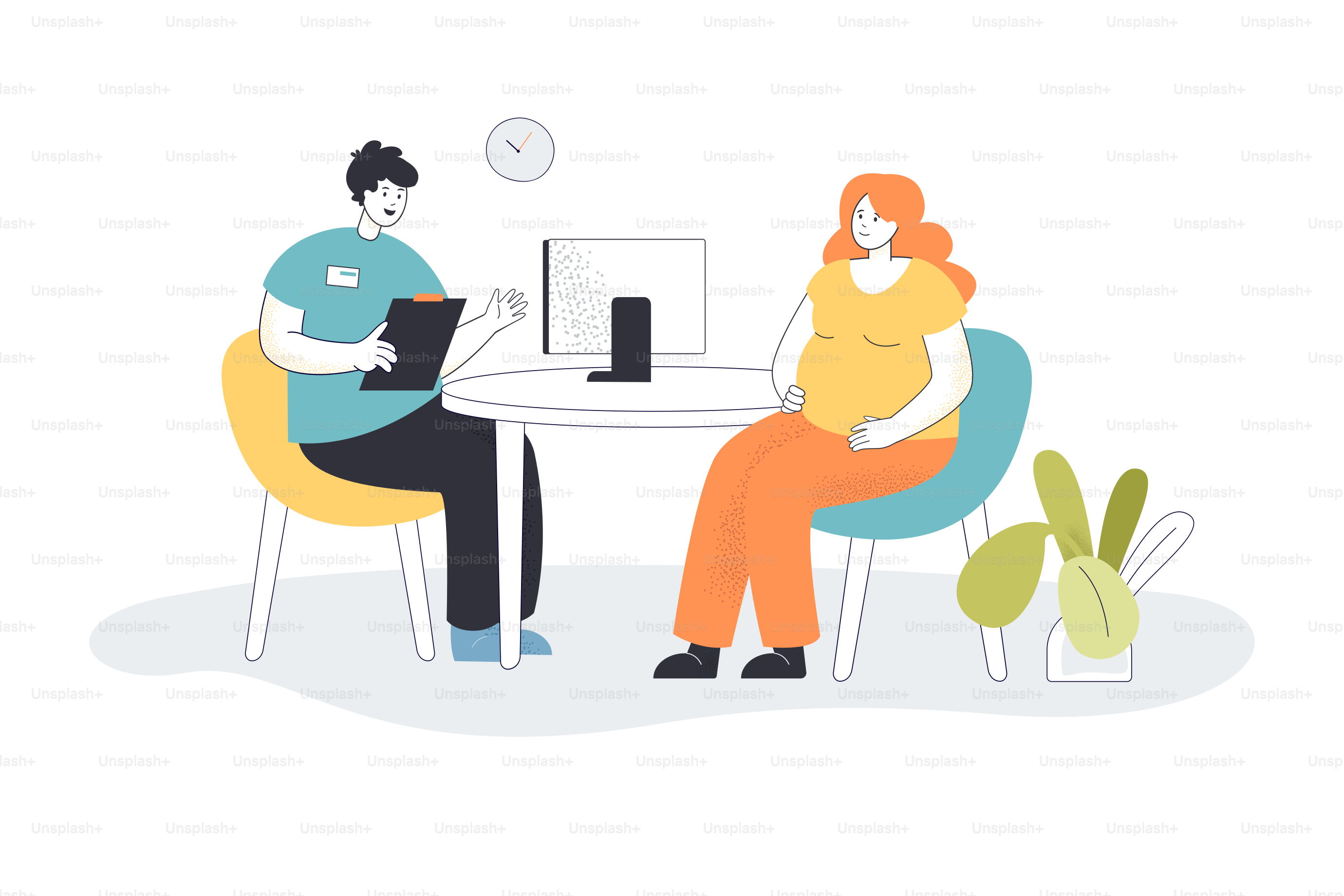 Doctor consulting pregnant woman in office. Gynecologist talking to female patient at hospital flat vector illustration. Pregnancy, medicine concept for banner, website design or landing web page