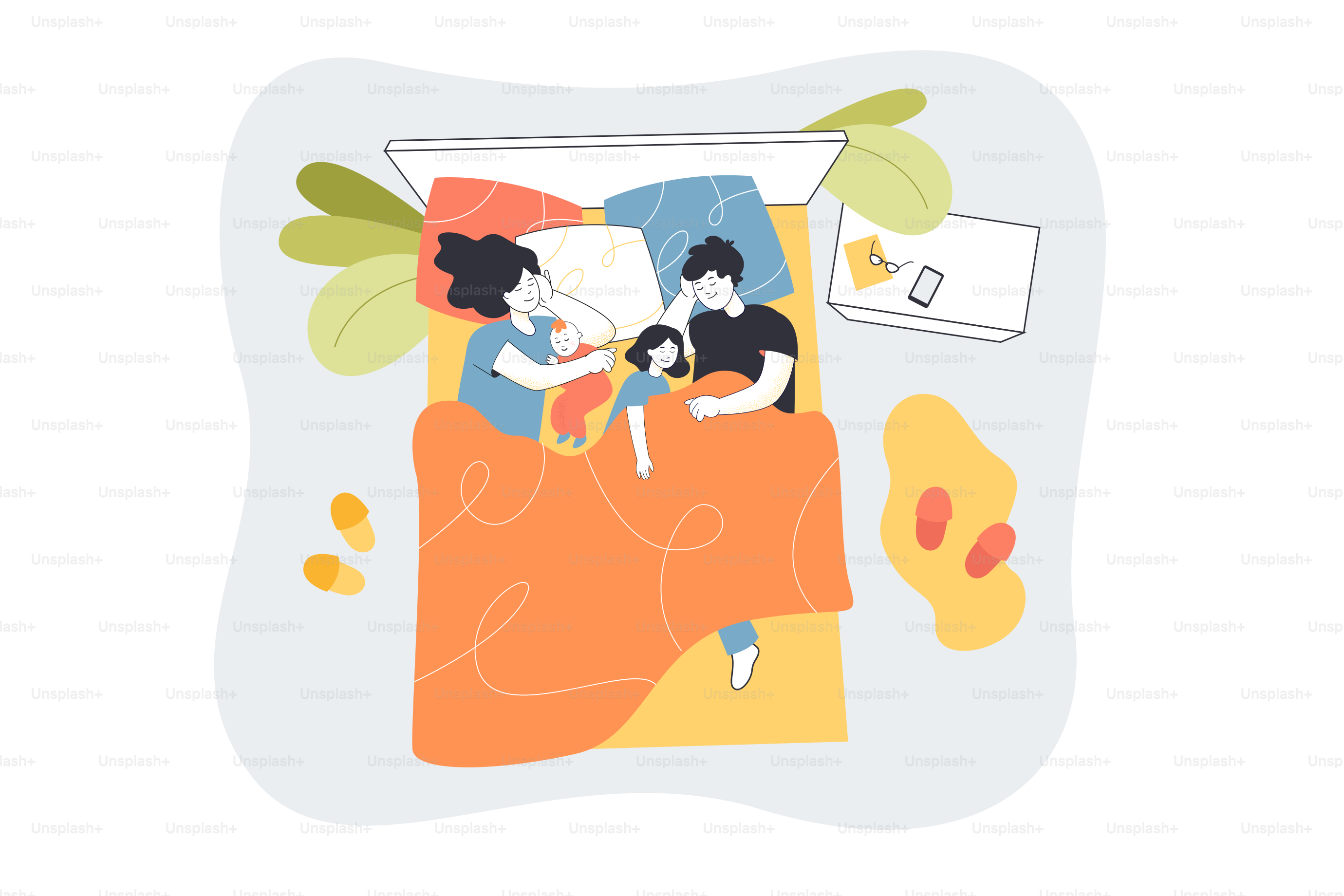 Famille heureuse avec des enfants couchés dans le lit. Maman, papa et  enfants dormant ensemble la nuit, illustration vectorielle plate. Famille,  concept de relation pour bannière, conception de site web ou page, image size:3000x2000