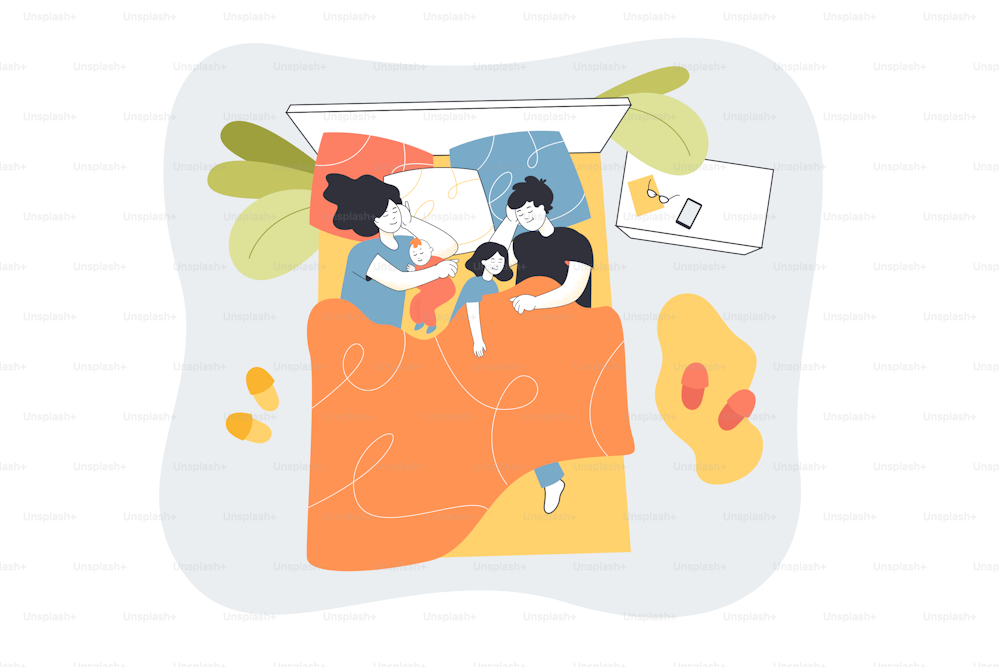 Happy family with children lying asleep in bed. Mom, dad and kids sleeping together at night flat vector illustration. Family, relationship concept for banner, website design or landing web page
