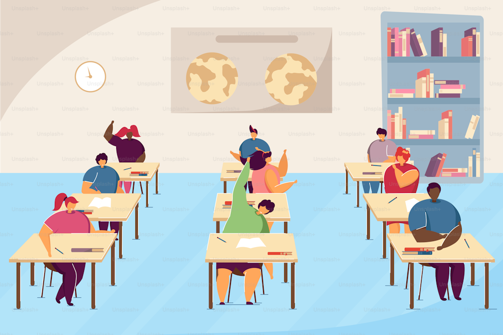 Clipart of pupils in geography class. Cartoon boys and girls studying for exam, classroom interior flat vector illustration. School, education concept for banner, website design or landing web page
