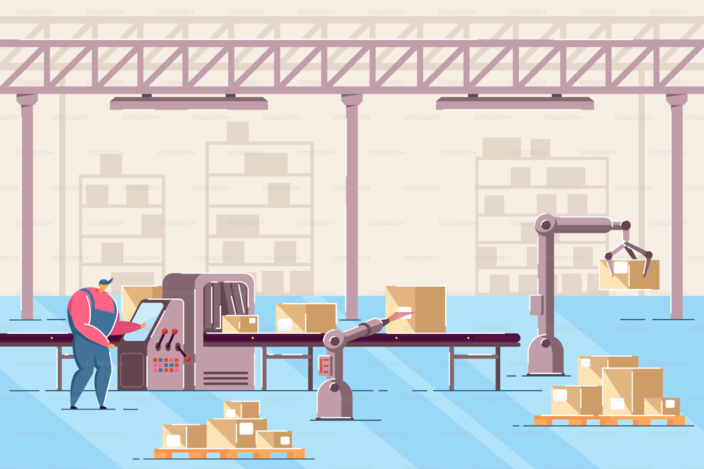 Man managing conveyor in warehouse flat vector illustration. Male worker working with line of automatic box packing. Guy in room with digital machines. Factory, automation manufacture process concept