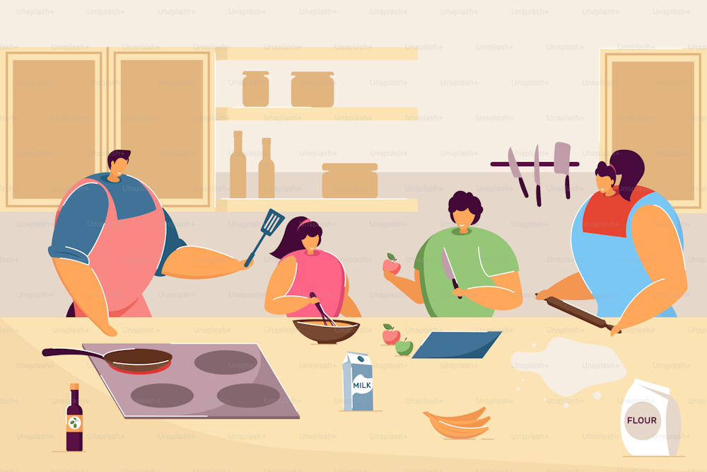 Happy family cooking together in kitchen. Cartoon mother, daughter, father and son preparing food flat vector illustration. Family activity concept for banner, website design or landing web page