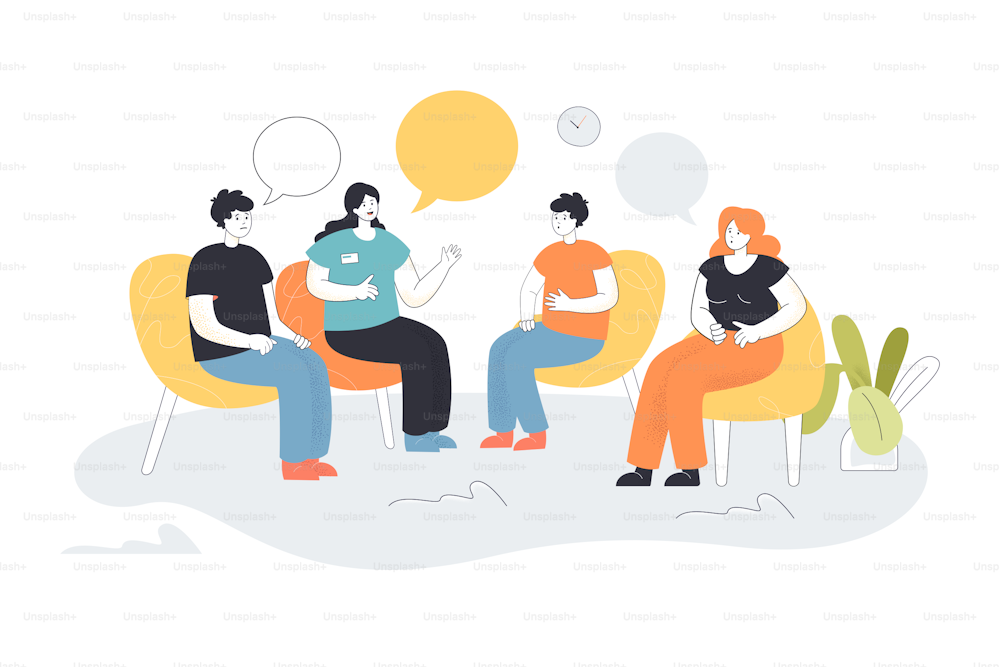 Group therapy vector illustration. Men and women sitting in circle talking about addiction problem with psychologist. Doctor counseling, group therapy session concept for banner, website design