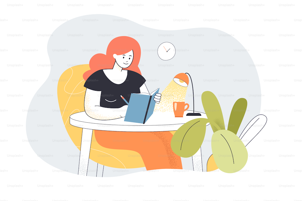 Woman writing in notebook vector illustration. Red haired female character sitting at table making notes in diary. Gentle lamp light. Writing concept for banner, website design