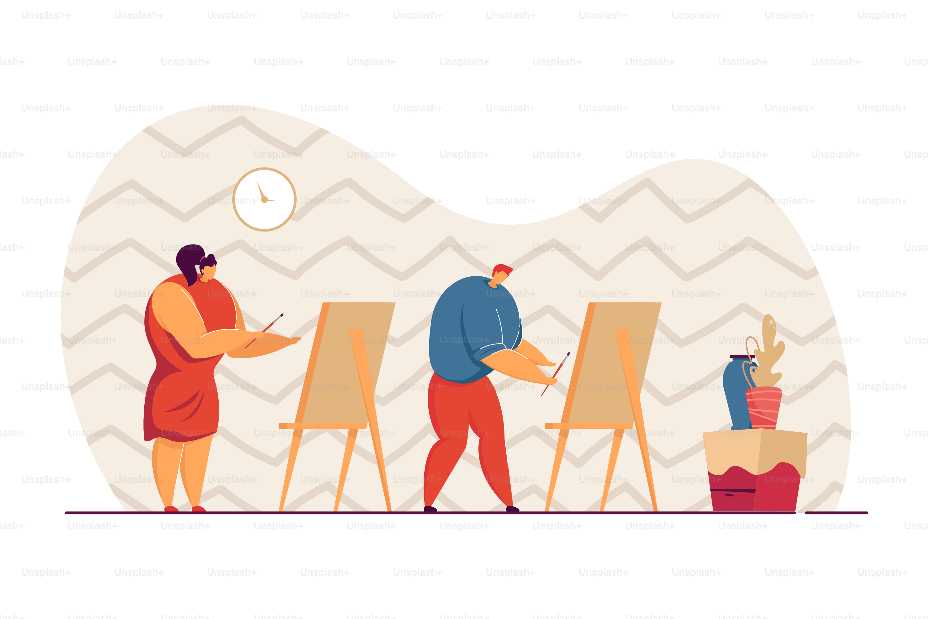 Ragazzo e ragazza che disegnano vasi in classe d'arte. Personaggi maschili e femminili che dipingono su tela su cavalletto con illustrazione vettoriale a pennello piatto. Arte, concetto educativo per banner, design web o pagina di atterraggio