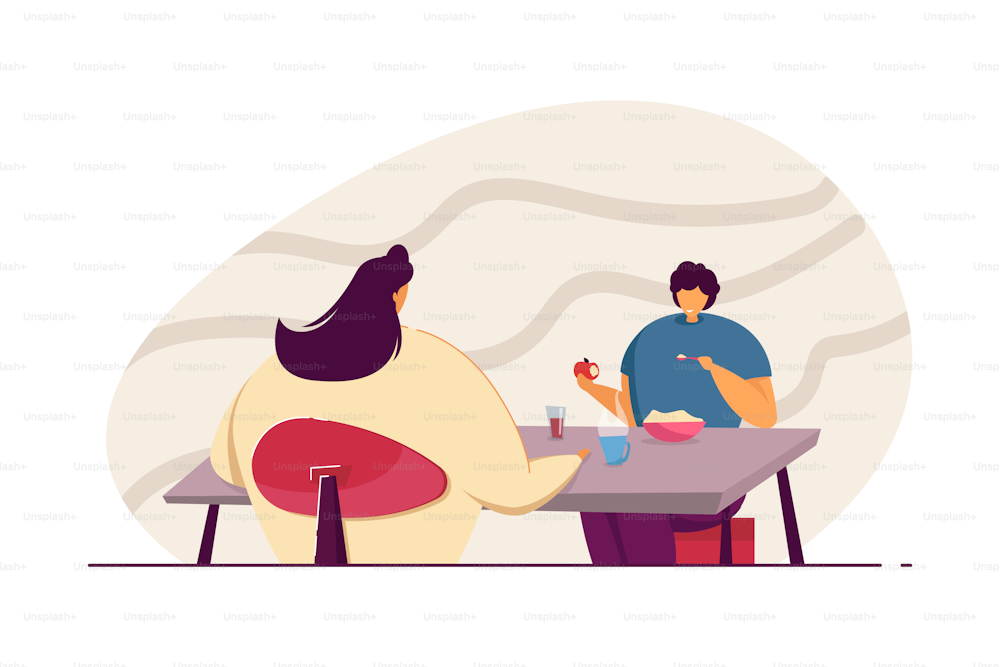 Mãe e filho tomando café da manhã juntos. Menino comendo maçã e mingau, mulher bebendo café flat ilustração vetorial. Família, conceito de relacionamento para banner, design do site ou página da web de destino