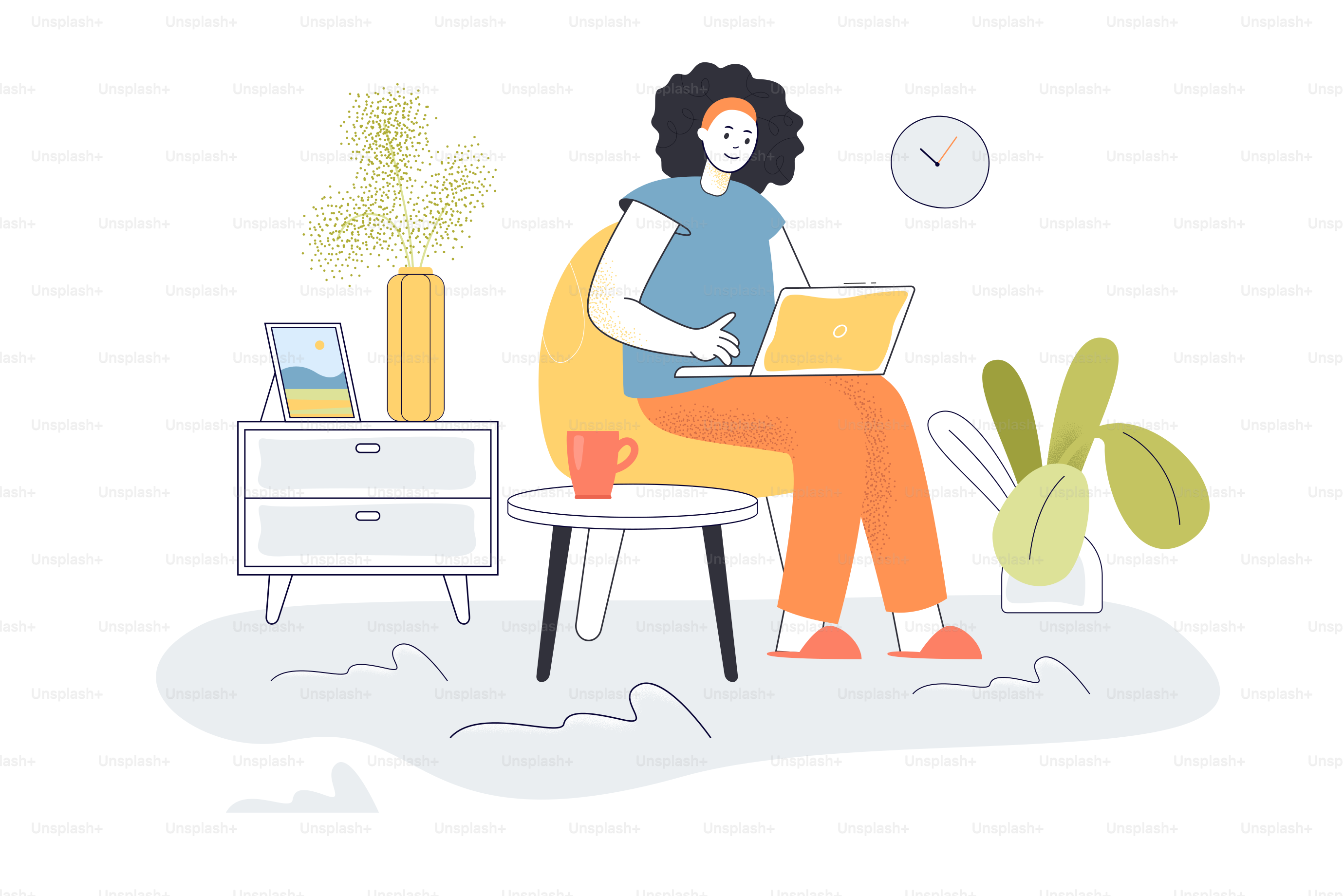 Young woman working on laptop from home. Female cartoon character with  computer flat vector illustration. Home office, quarantine, freelancing  concept for banner, website design or landing web page vector – Laptop Image, image size:3000x2000