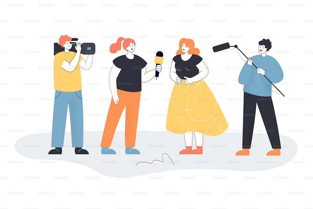 Female journalist interviewing woman. Cartoon character with microphone, operator shooting for video report flat vector illustration. Interview, news media concept for banner, website design