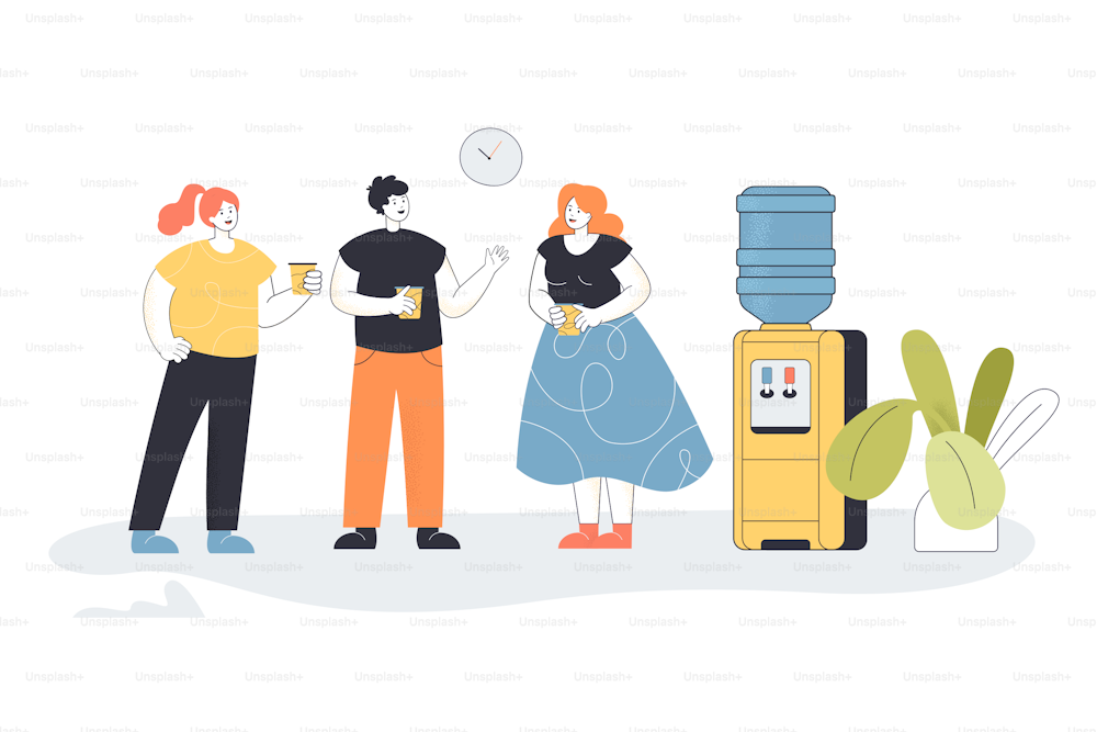 Colleagues talking on coffee break. Cartoon young people gossiping next to water dispenser flat vector illustration. Workplace, communication concept for banner, website design or landing web page