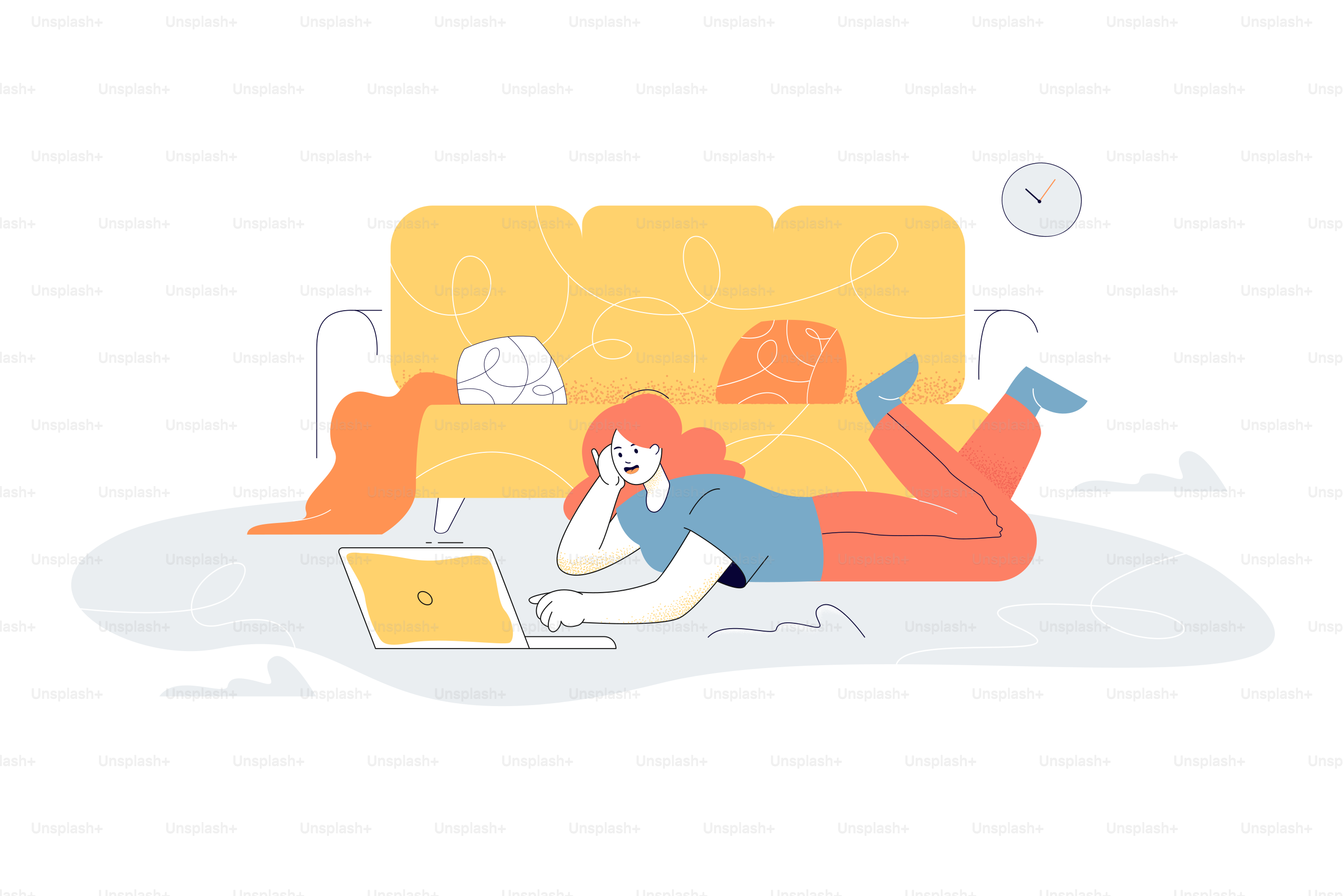 Happy freelancer using laptop at home. Woman lying on floor and working remotely flat vector illustration. Remote job, freelancing concept for banner, website design or landing web page
