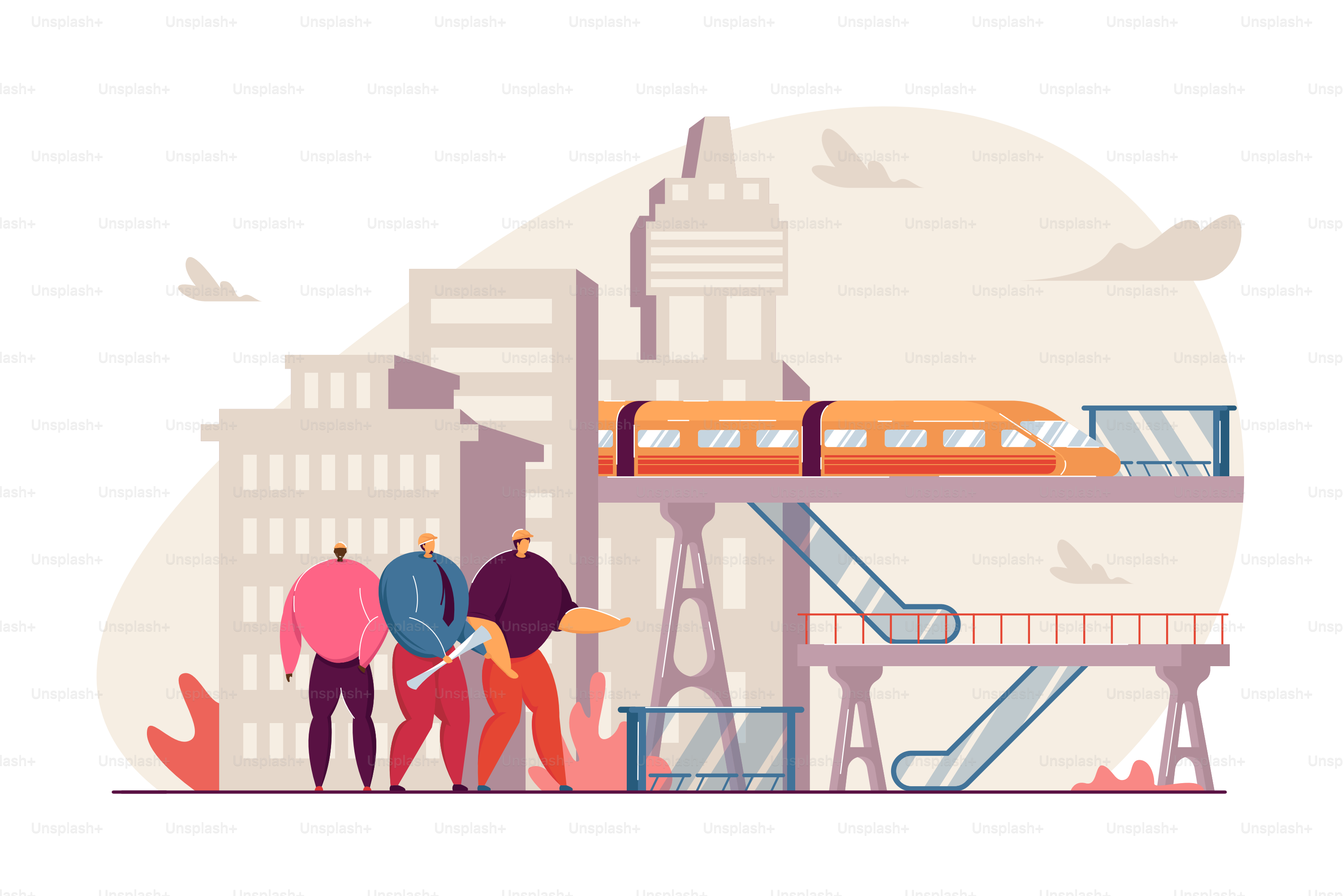 Piccole persone che svolgono lavori di costruzione. Illustrazione vettoriale piatta di ferrovie, infrastrutture, ponti. Ingegneria civile, concetto di industria delle costruzioni per banner, progettazione di siti Web o pagina Web di destinazione