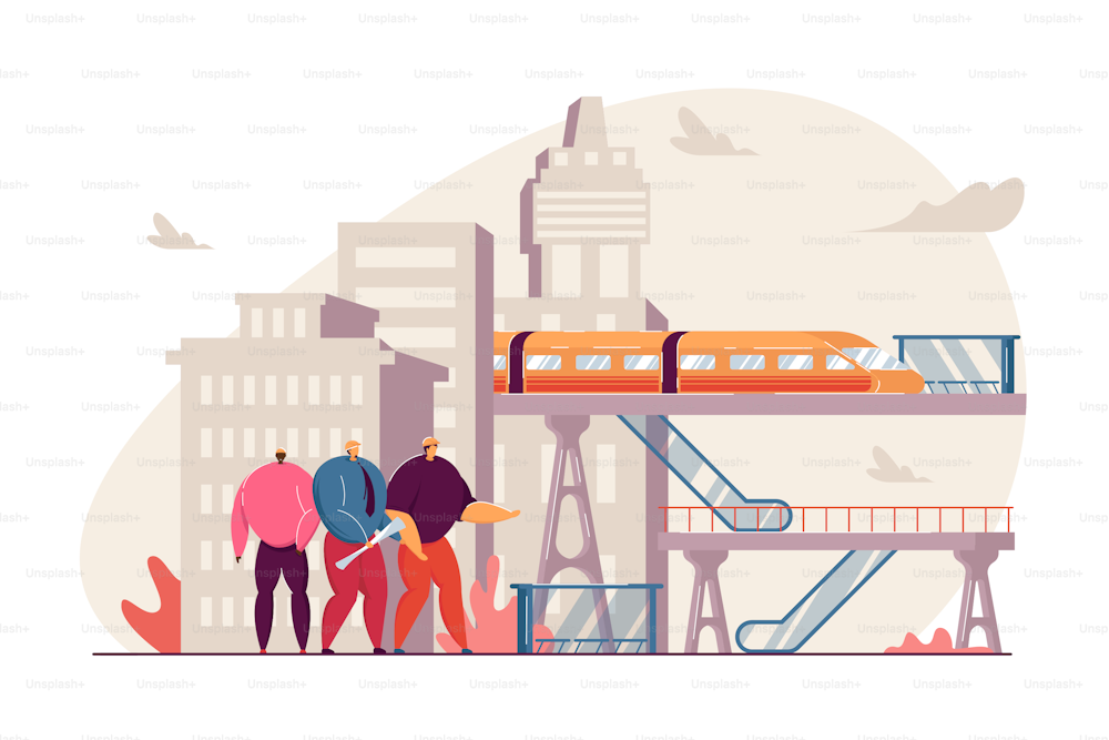 Tiny people conducting construction job. Railway, infrastructure, bridges flat vector illustration. Civil engineering, construction industry concept for banner, website design or landing web page