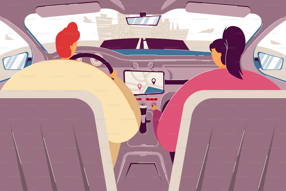 Conducente e passeggero che utilizzano l'app di navigazione all'interno dell'auto. Vista sul sedile posteriore della coppia che guida e guida il veicolo, percorrendo la strada per la città. Illustrazione vettoriale per l'applicazione di guida, il viaggio, il concetto di taxi