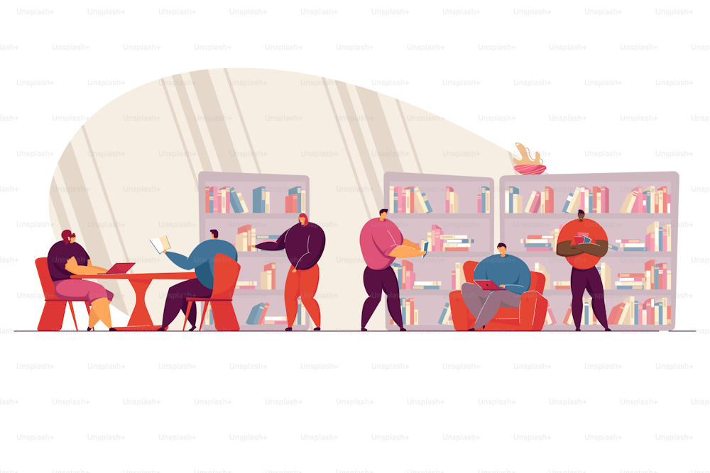Smart people reading books in library flat vector illustration. Cartoon characters sitting on sofa and chairs near bookshelves and learning. Knowledge and education concept
