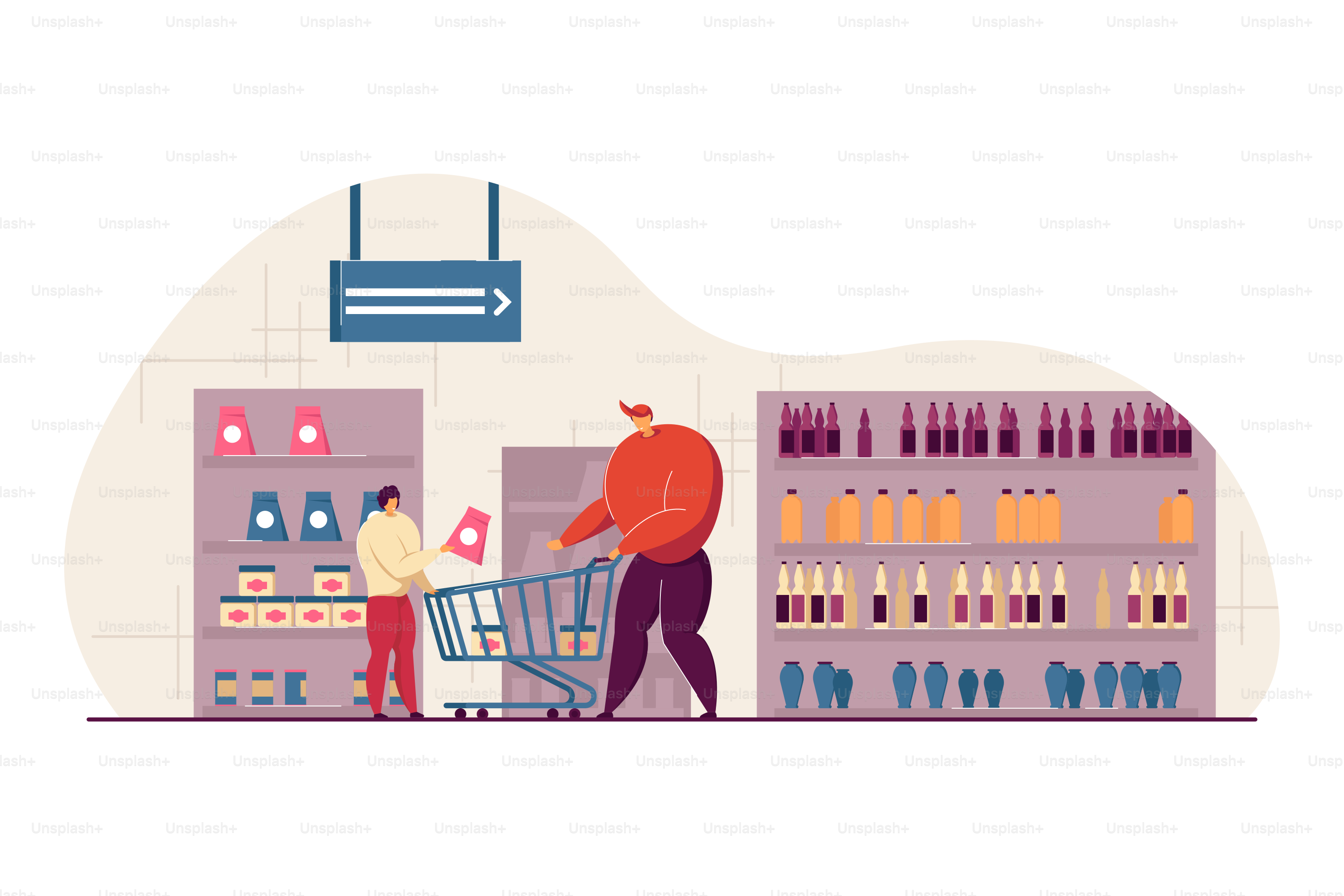 Happy dad and son buying food in supermarket flat vector illustration. Cartoon young father wheeling shop trolley in grocery store. Consumerism and shopping concept