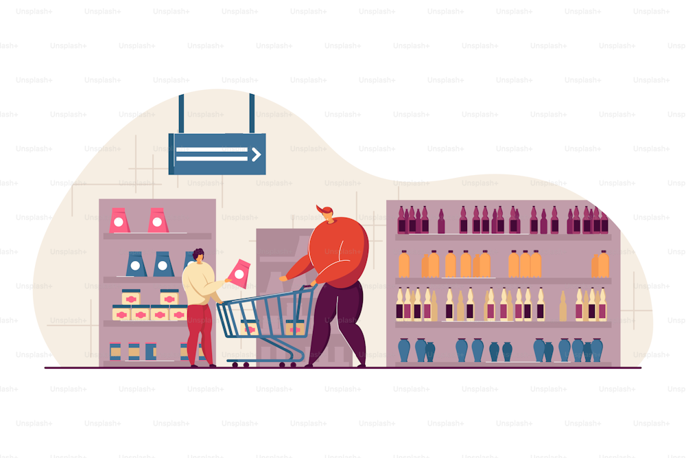 Happy dad and son buying food in supermarket flat vector illustration. Cartoon young father wheeling shop trolley in grocery store. Consumerism and shopping concept