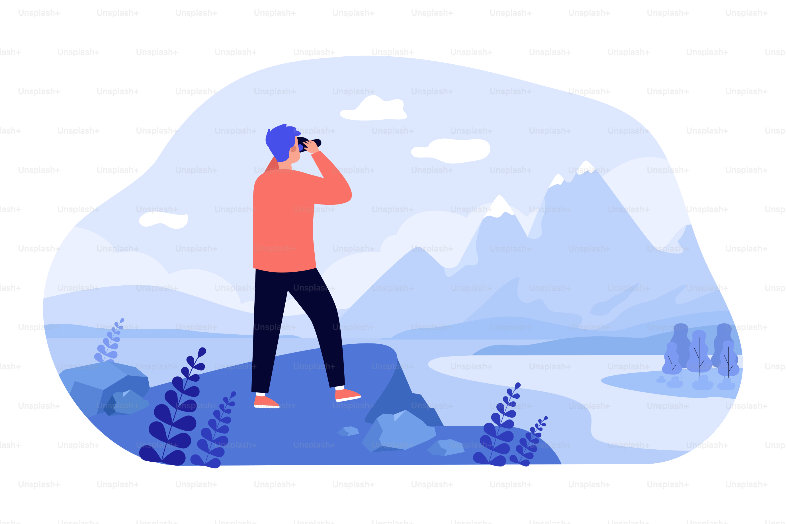 Male explorer standing at cliff, looking at mountains through binoculars. Man enjoying nature and hiking, searching new opportunities. Vector illustration for travel, active lifestyle, goal concept