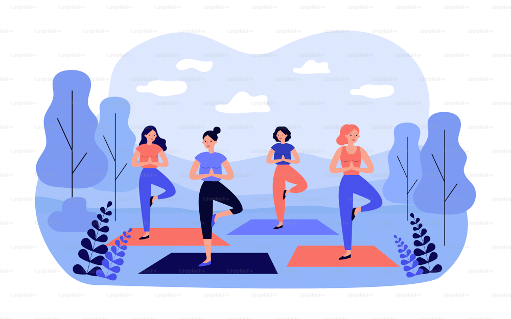 Happy women in sportswear on outdoor yoga class in city park isolated flat vector illustration. Cartoon female characters training together outside. Recreation and wellbeing concept