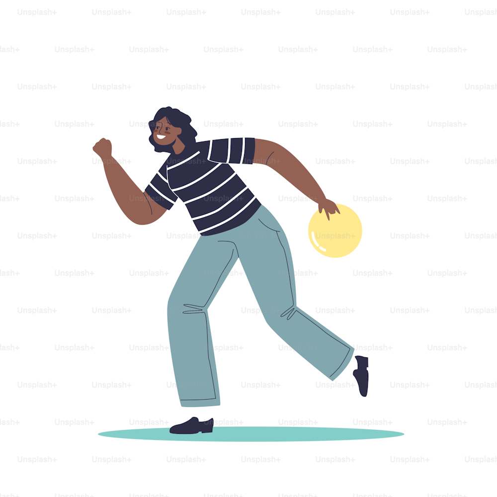 Young african american woman throw ball for bowling game. Happy girl playing bowling at leisure time. Indoor recreation activity and hobby concept. Cartoon flat vector illustration