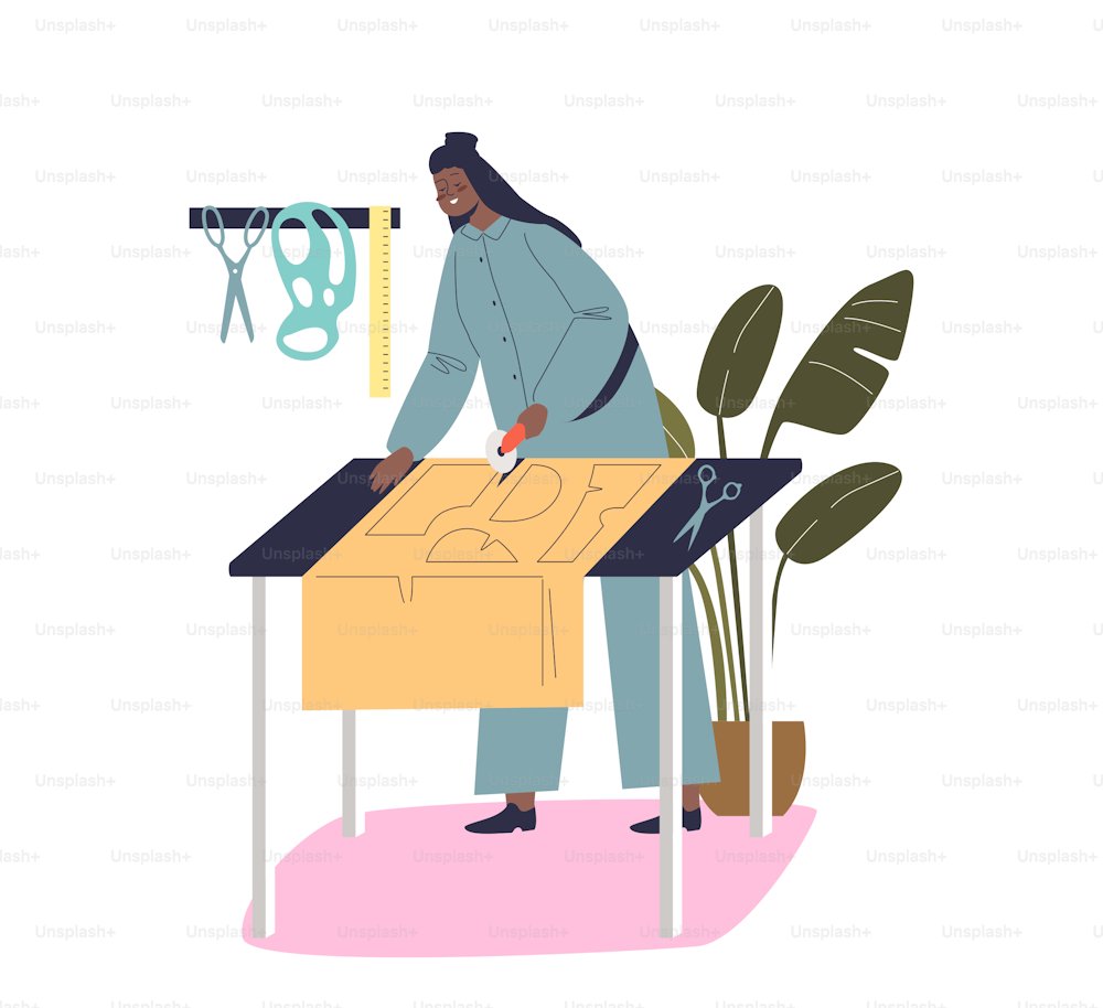 Woman sewer drawing and cutting paper pattern for tailoring clothes in atelier. Female dressmaker dressmaking new fashion collection at workshop. Cartoon flat vector illustration