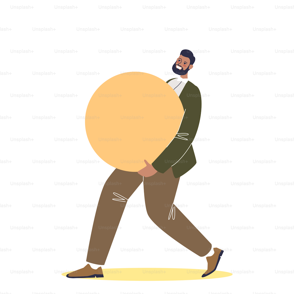 Man carry big circle shape working in team. Businessman cooperating with colleague, partner or coworker on creative project. Teamwork and creativity concept. Cartoon flat vector illustration