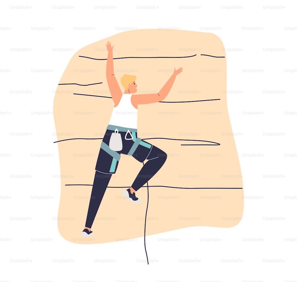 Sportive young woman climbing wall. Female athlete climber handing on rock climbing. Extreme sport and fitness concept. Cartoon flat vector illustration